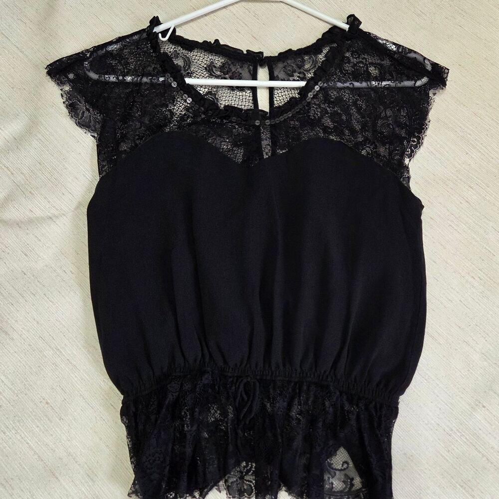 Express Woman's Black Short Sleeve Top with Lace and Accents size S